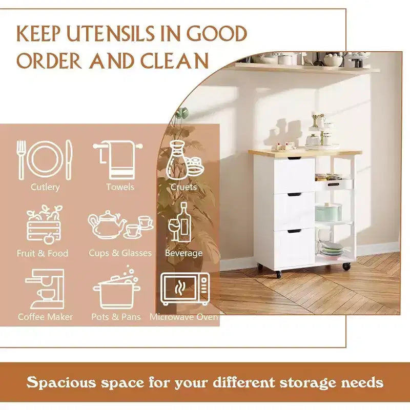 Celebalcony Kitchen Island Cart with Storage,Rolling Kitchen Island Storage Cabinet,Side Table on Wheels,3 Open Shelves and Drawers for Kitchen