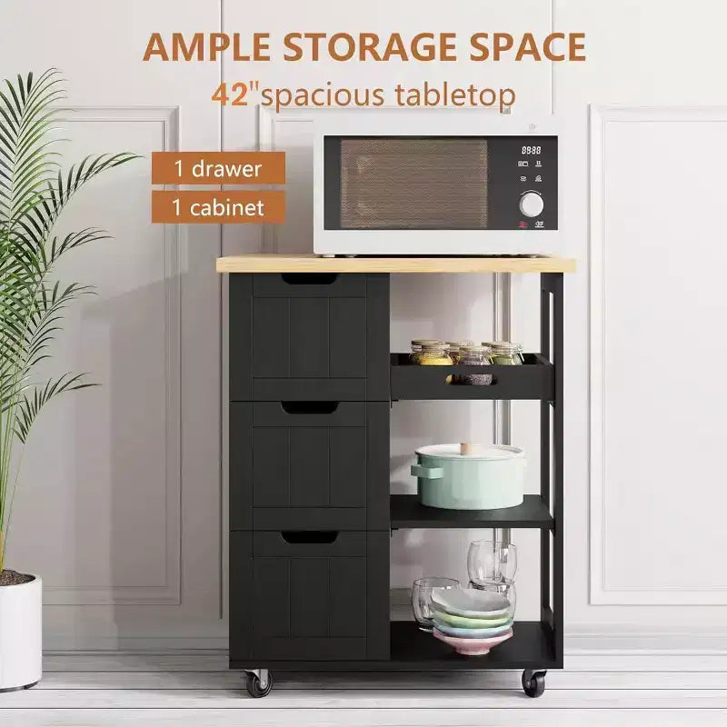 Celebalcony Kitchen Island Cart with Storage,Rolling Kitchen Island Storage Cabinet,Side Table on Wheels,3 Open Shelves and Drawers for Kitchen