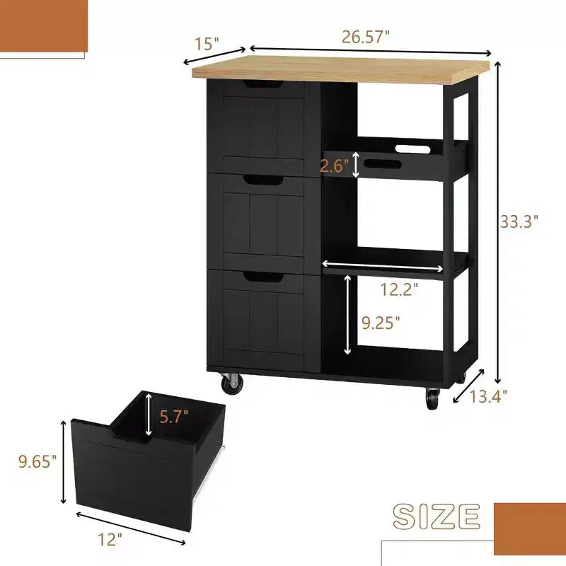 Celebalcony Kitchen Island Cart with Storage,Rolling Kitchen Island Storage Cabinet,Side Table on Wheels,3 Open Shelves and Drawers for Kitchen
