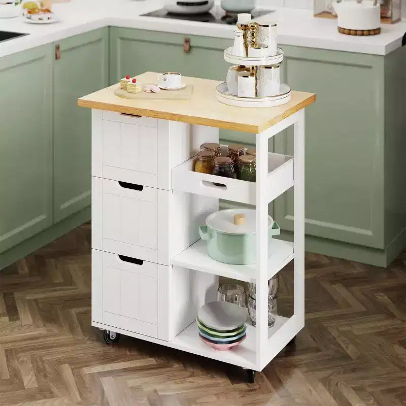 Celebalcony Kitchen Island Cart with Storage,Rolling Kitchen Island Storage Cabinet,Side Table on Wheels,3 Open Shelves and Drawers for Kitchen
