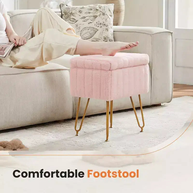 TUYOHW Modern Ottoman with Storage Faux Fur Upholstered Foot Stool with Anti-Slip Metal Legs Rectangle Storage Bench for Living Room, Entryway