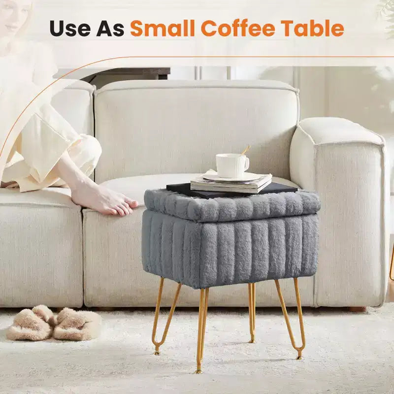 TUYOHW Modern Ottoman with Storage Faux Fur Upholstered Foot Stool with Anti-Slip Metal Legs Rectangle Storage Bench for Living Room, Entryway