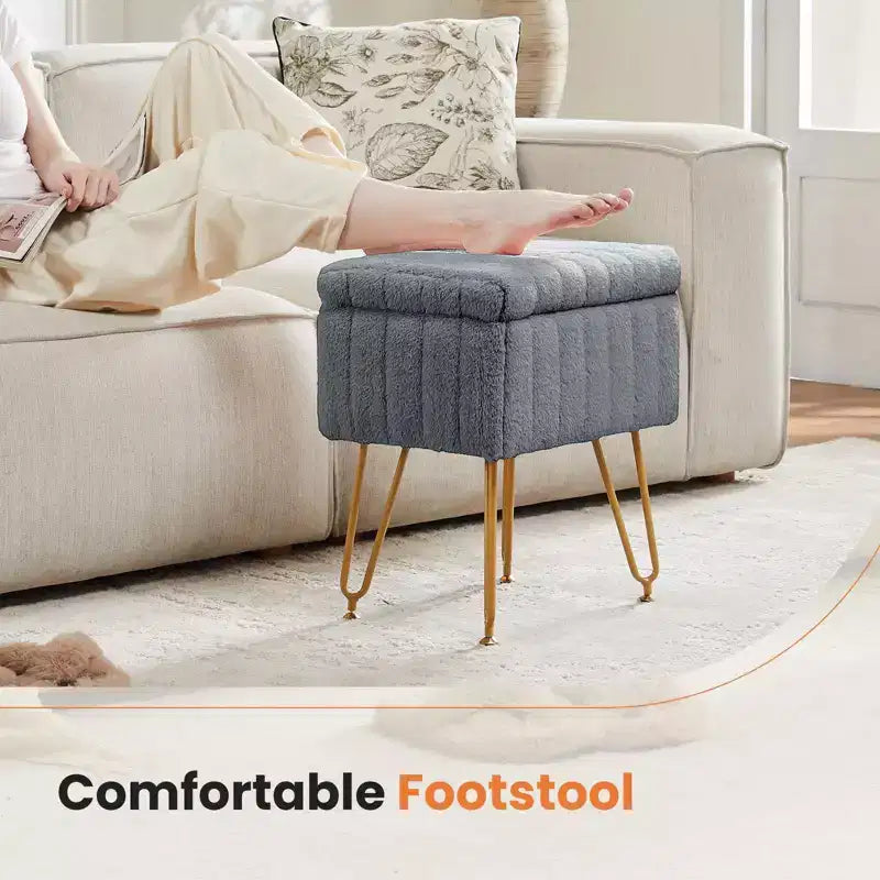 TUYOHW Modern Ottoman with Storage Faux Fur Upholstered Foot Stool with Anti-Slip Metal Legs Rectangle Storage Bench for Living Room, Entryway