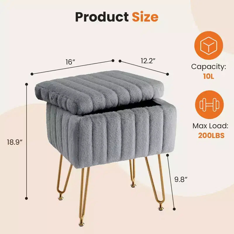 TUYOHW Modern Ottoman with Storage Faux Fur Upholstered Foot Stool with Anti-Slip Metal Legs Rectangle Storage Bench for Living Room, Entryway