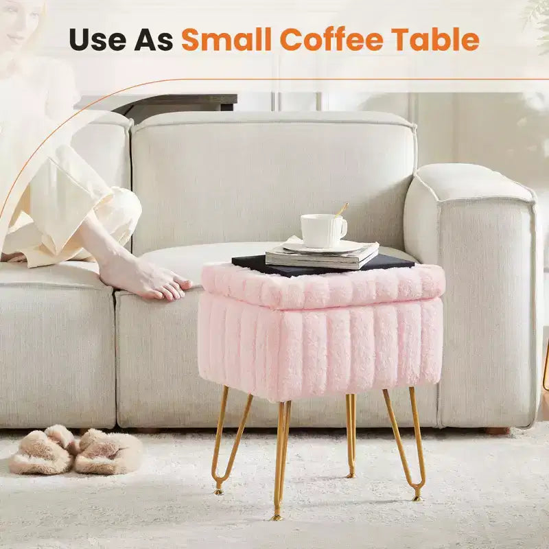 TUYOHW Modern Ottoman with Storage Faux Fur Upholstered Foot Stool with Anti-Slip Metal Legs Rectangle Storage Bench for Living Room, Entryway