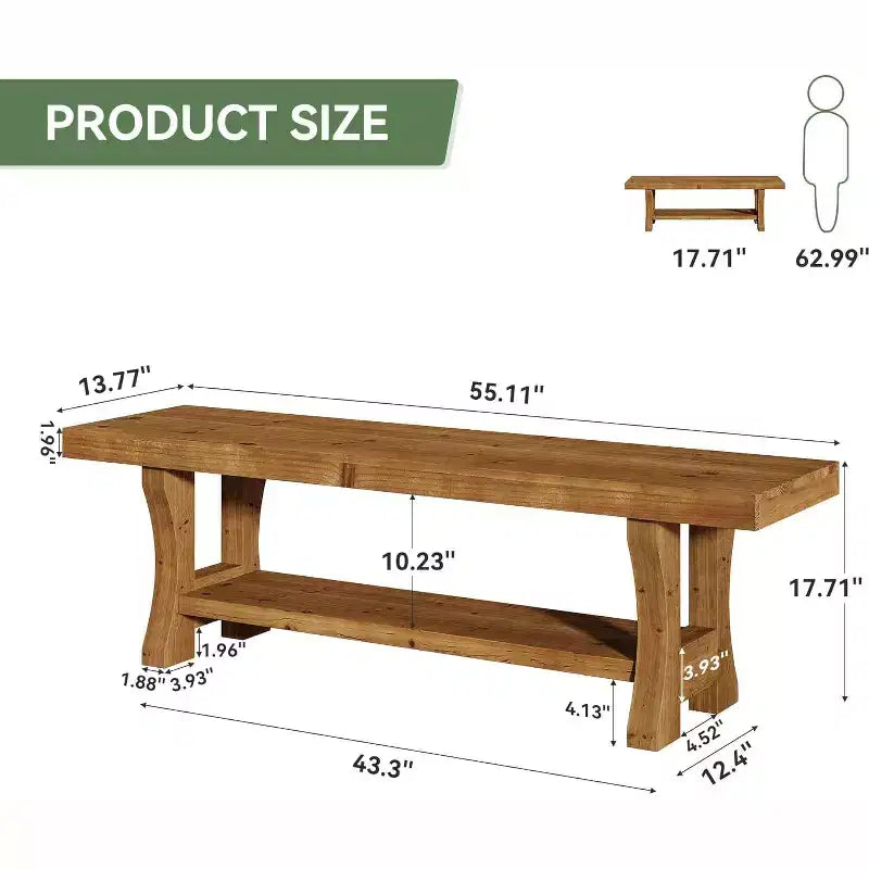 Lantine Solid Wood Entryway Bench, 55 End of Bed Bench, Indoor Dining Seat for Hallway, Bedroom, Dining Room