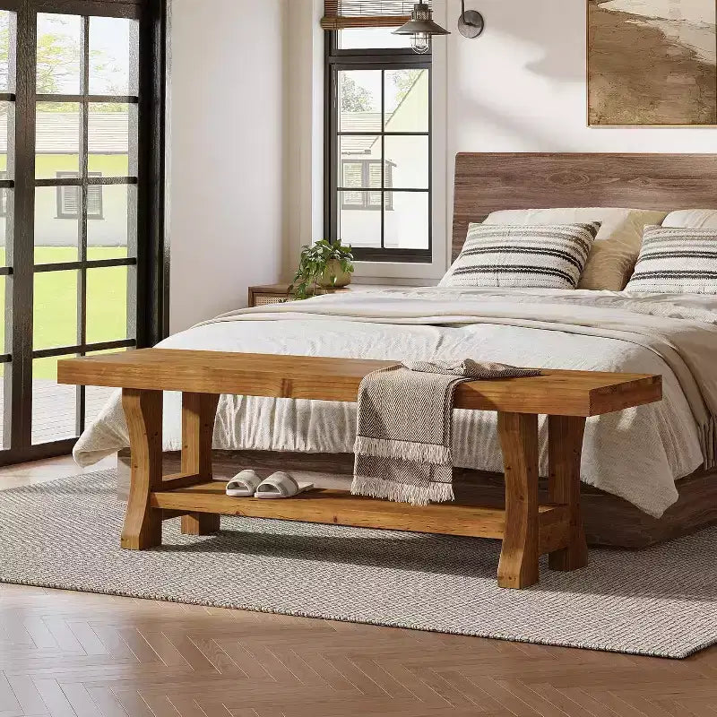 Lantine Solid Wood Entryway Bench, 55 End of Bed Bench, Indoor Dining Seat for Hallway, Bedroom, Dining Room