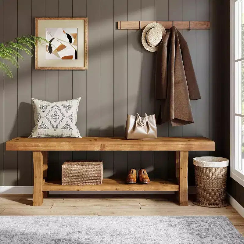 Lantine Solid Wood Entryway Bench, 55 End of Bed Bench, Indoor Dining Seat for Hallway, Bedroom, Dining Room