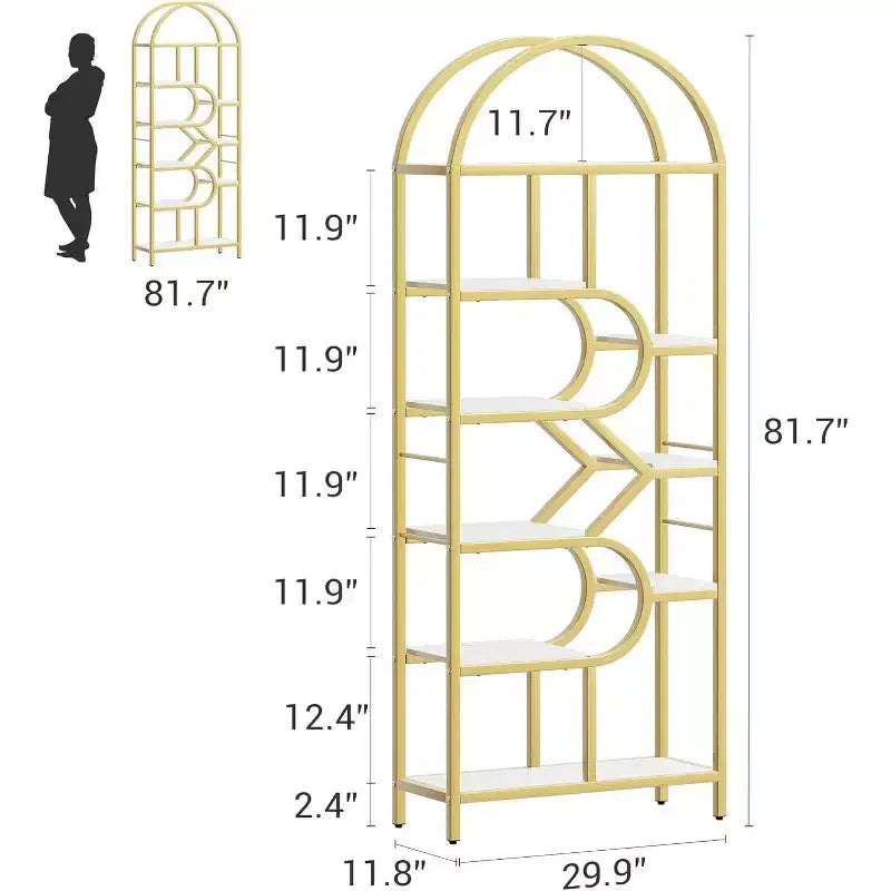 Modern 6-Tier Tall Bookshelf with Arched Geometric Design - 82 Open Storage Display Rack for Home Office and Living Room Organization