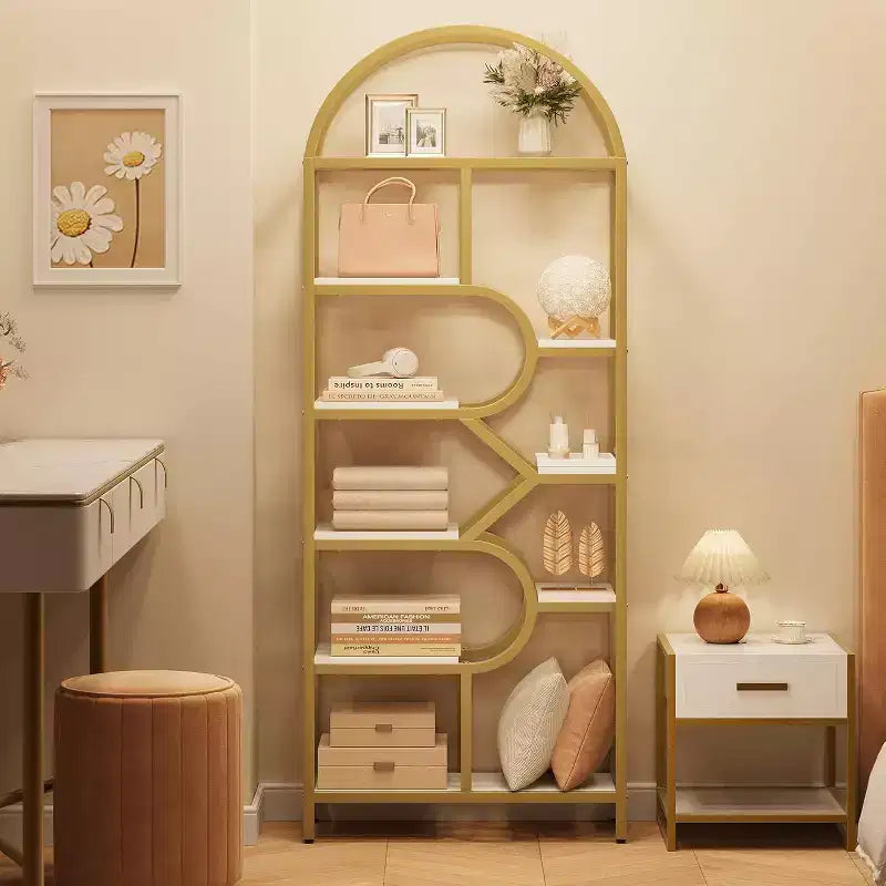 Modern 6-Tier Tall Bookshelf with Arched Geometric Design - 82 Open Storage Display Rack for Home Office and Living Room Organization