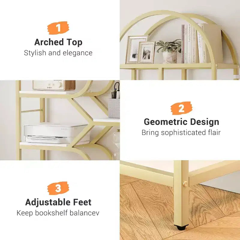 Modern 6-Tier Tall Bookshelf with Arched Geometric Design - 82 Open Storage Display Rack for Home Office and Living Room Organization