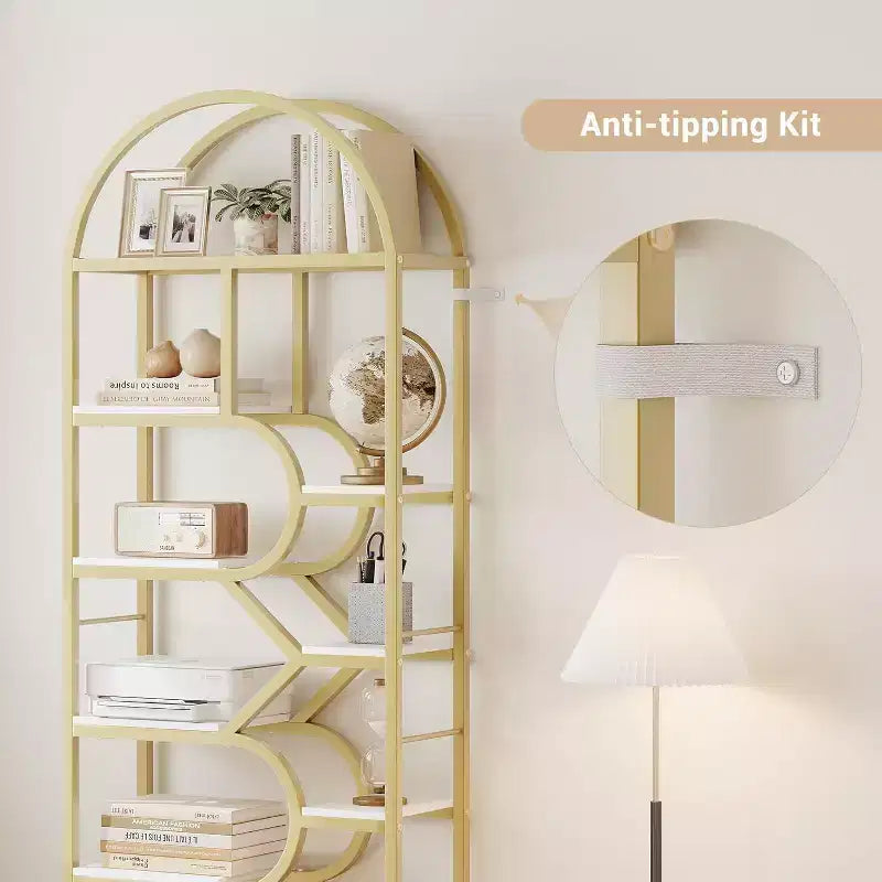 Modern 6-Tier Tall Bookshelf with Arched Geometric Design - 82 Open Storage Display Rack for Home Office and Living Room Organization