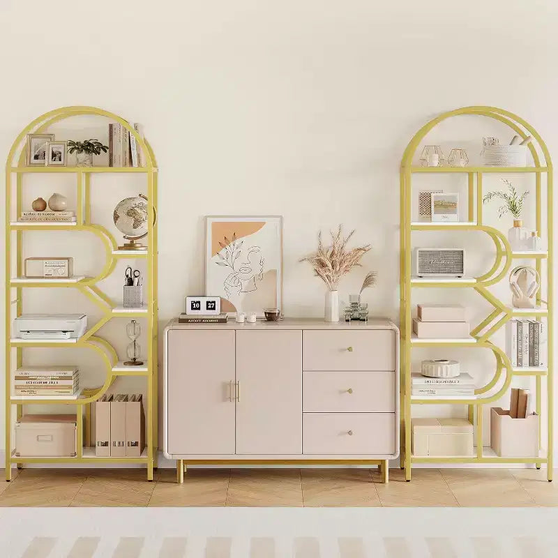 Modern 6-Tier Tall Bookshelf with Arched Geometric Design - 82 Open Storage Display Rack for Home Office and Living Room Organization