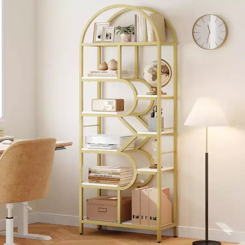 Modern 6-Tier Tall Bookshelf with Arched Geometric Design - 82 Open Storage Display Rack for Home Office and Living Room Organization