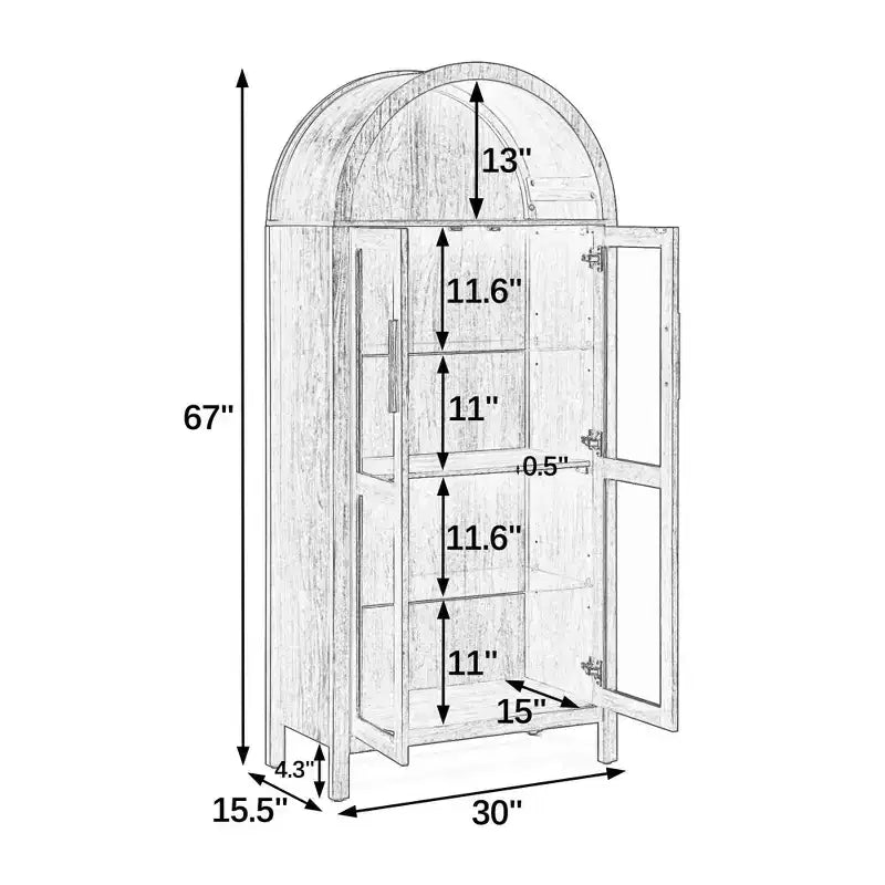 MAYEERTY High Arched Storage Cabinet with Lamp, Modern Retro-Style Wooden Storage Cabinet with Adjustable Glass Partitions Black