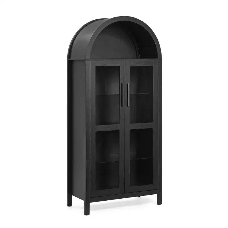 MAYEERTY High Arched Storage Cabinet with Lamp, Modern Retro-Style Wooden Storage Cabinet with Adjustable Glass Partitions Black