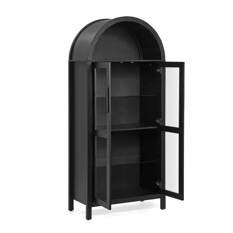 MAYEERTY High Arched Storage Cabinet with Lamp, Modern Retro-Style Wooden Storage Cabinet with Adjustable Glass Partitions Black
