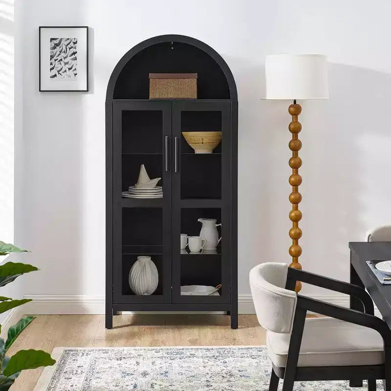 MAYEERTY High Arched Storage Cabinet with Lamp, Modern Retro-Style Wooden Storage Cabinet with Adjustable Glass Partitions Black