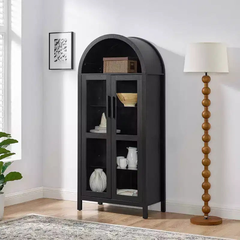 MAYEERTY High Arched Storage Cabinet with Lamp, Modern Retro-Style Wooden Storage Cabinet with Adjustable Glass Partitions Black