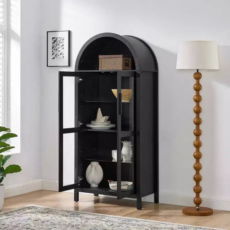 MAYEERTY High Arched Storage Cabinet with Lamp, Modern Retro-Style Wooden Storage Cabinet with Adjustable Glass Partitions Black