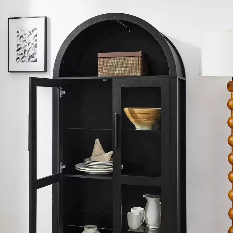 MAYEERTY High Arched Storage Cabinet with Lamp, Modern Retro-Style Wooden Storage Cabinet with Adjustable Glass Partitions Black