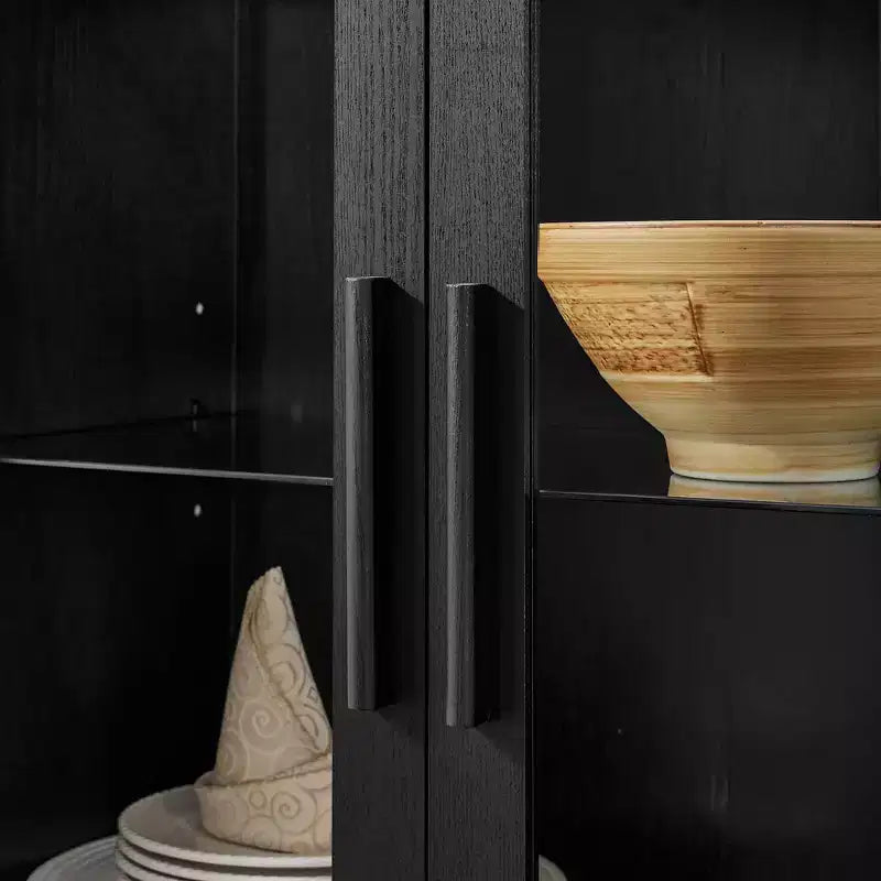 MAYEERTY High Arched Storage Cabinet with Lamp, Modern Retro-Style Wooden Storage Cabinet with Adjustable Glass Partitions Black