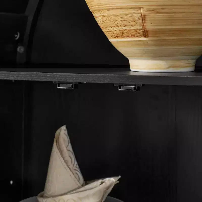 MAYEERTY High Arched Storage Cabinet with Lamp, Modern Retro-Style Wooden Storage Cabinet with Adjustable Glass Partitions Black