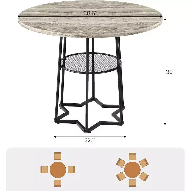 38Farmhouse Kitchen Table with Hexagonal Metal Base &Storage Shelf,Modern Round Dining Table for 4,Small Space Wood Tabletop for Kitchen,Living Room