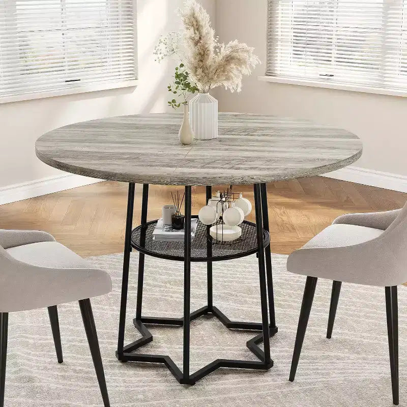 38Farmhouse Kitchen Table with Hexagonal Metal Base &Storage Shelf,Modern Round Dining Table for 4,Small Space Wood Tabletop for Kitchen,Living Room
