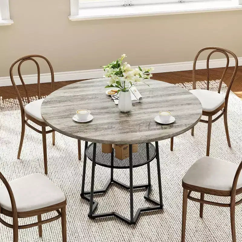 38Farmhouse Kitchen Table with Hexagonal Metal Base &Storage Shelf,Modern Round Dining Table for 4,Small Space Wood Tabletop for Kitchen,Living Room