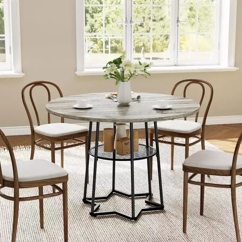 38Farmhouse Kitchen Table with Hexagonal Metal Base &Storage Shelf,Modern Round Dining Table for 4,Small Space Wood Tabletop for Kitchen,Living Room
