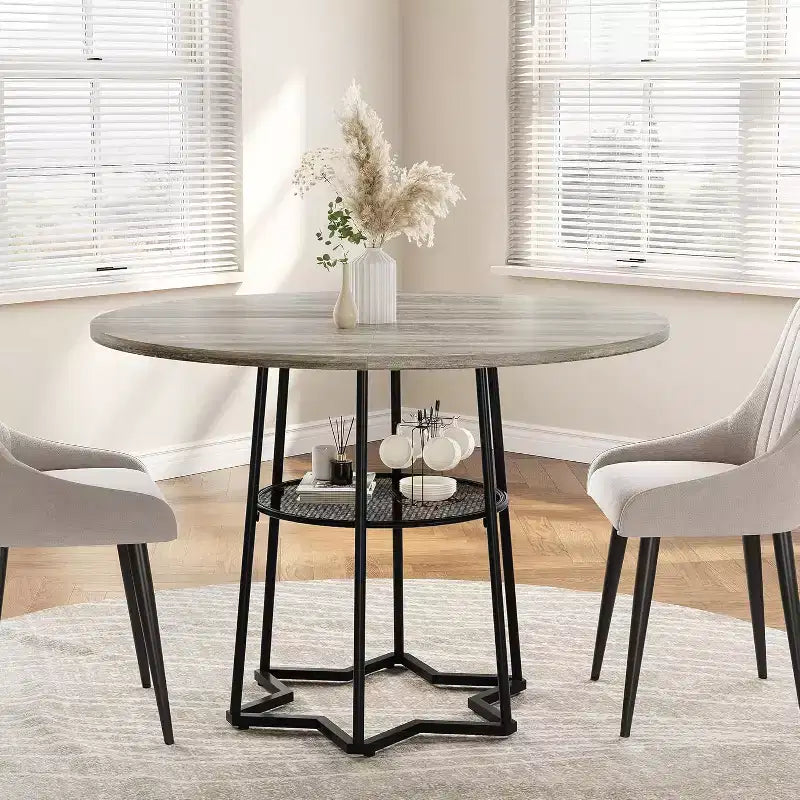 38Farmhouse Kitchen Table with Hexagonal Metal Base &Storage Shelf,Modern Round Dining Table for 4,Small Space Wood Tabletop for Kitchen,Living Room