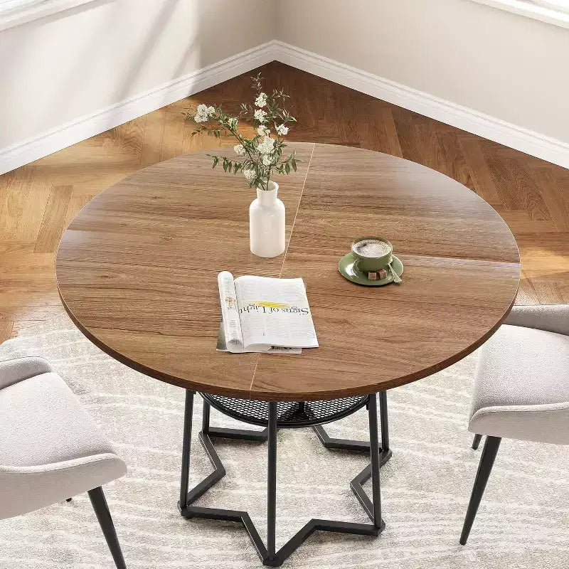 38Farmhouse Kitchen Table with Hexagonal Metal Base &Storage Shelf,Modern Round Dining Table for 4,Small Space Wood Tabletop for Kitchen,Living Room