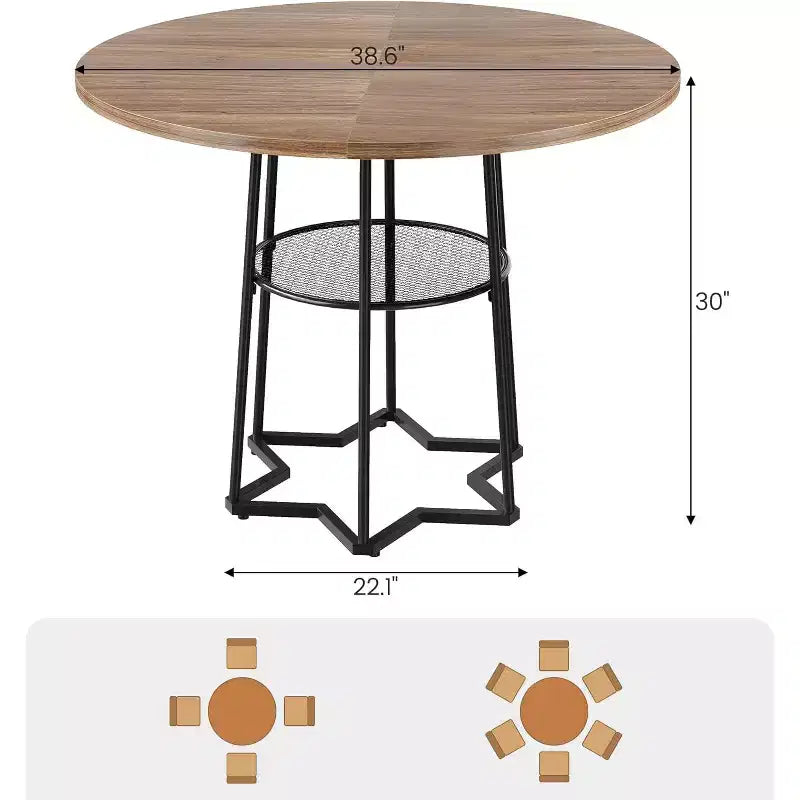38Farmhouse Kitchen Table with Hexagonal Metal Base &Storage Shelf,Modern Round Dining Table for 4,Small Space Wood Tabletop for Kitchen,Living Room