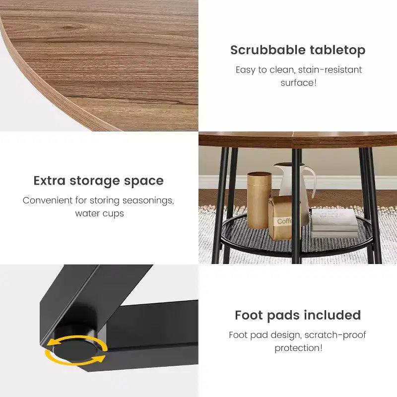 38Farmhouse Kitchen Table with Hexagonal Metal Base &Storage Shelf,Modern Round Dining Table for 4,Small Space Wood Tabletop for Kitchen,Living Room