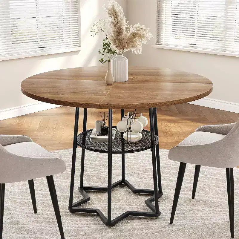 38Farmhouse Kitchen Table with Hexagonal Metal Base &Storage Shelf,Modern Round Dining Table for 4,Small Space Wood Tabletop for Kitchen,Living Room