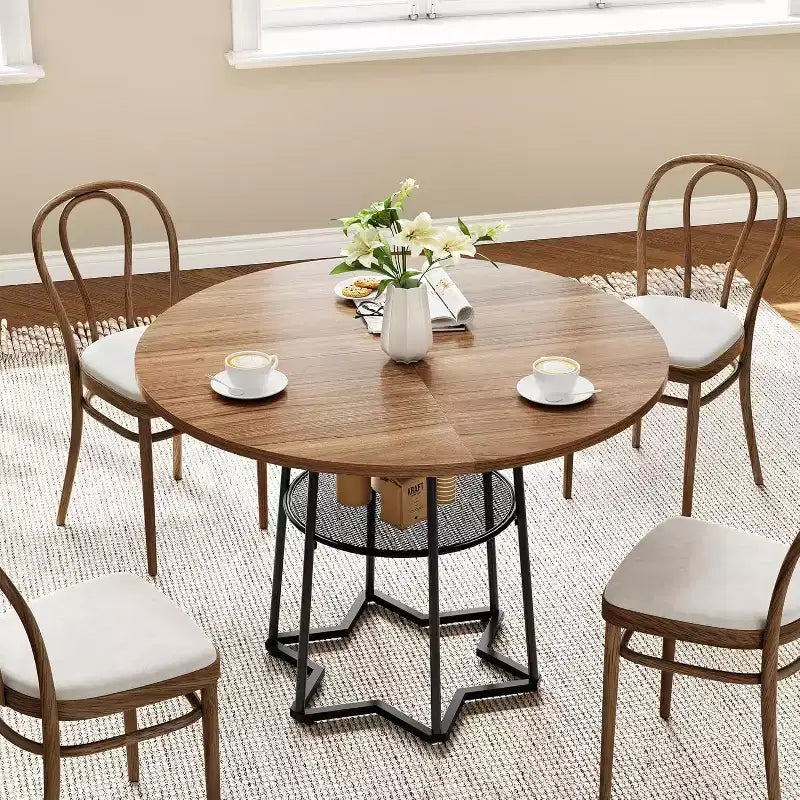 38Farmhouse Kitchen Table with Hexagonal Metal Base &Storage Shelf,Modern Round Dining Table for 4,Small Space Wood Tabletop for Kitchen,Living Room