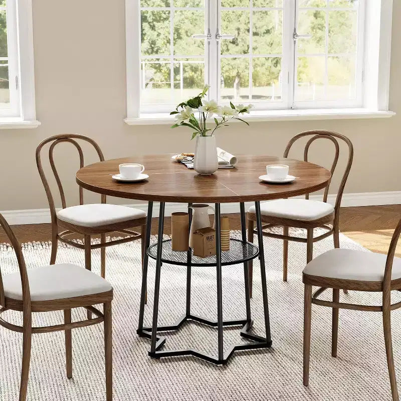 38Farmhouse Kitchen Table with Hexagonal Metal Base &Storage Shelf,Modern Round Dining Table for 4,Small Space Wood Tabletop for Kitchen,Living Room