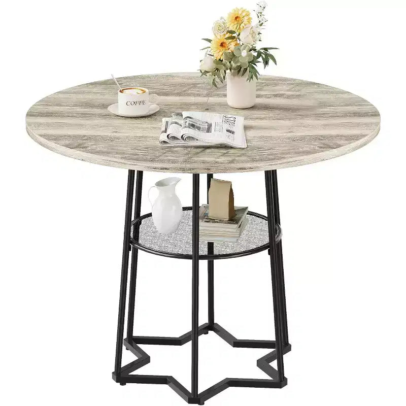38Farmhouse Kitchen Table with Hexagonal Metal Base &Storage Shelf,Modern Round Dining Table for 4,Small Space Wood Tabletop for Kitchen,Living Room