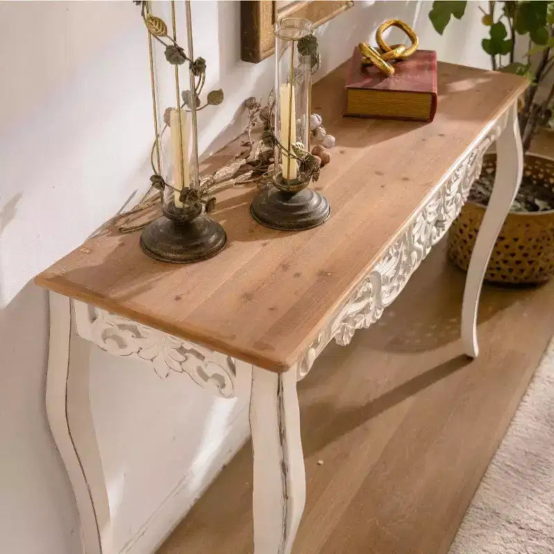Antique Console Table White Distressed Entryway Table Vintage Sofa Side Table French Country Accent Table with Curved Legs - ModernLuxe