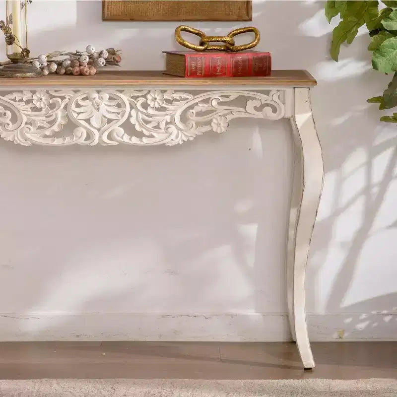 Antique Console Table White Distressed Entryway Table Vintage Sofa Side Table French Country Accent Table with Curved Legs - ModernLuxe