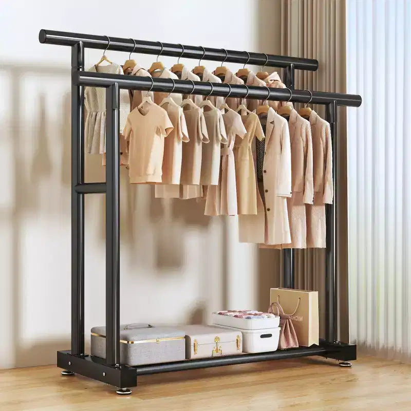 AEELLEEA Heavy Duty Rolling Double-Tier Clothes Rack - Double Hanging Rails & Bottom Storage Shelf for Home Organizing