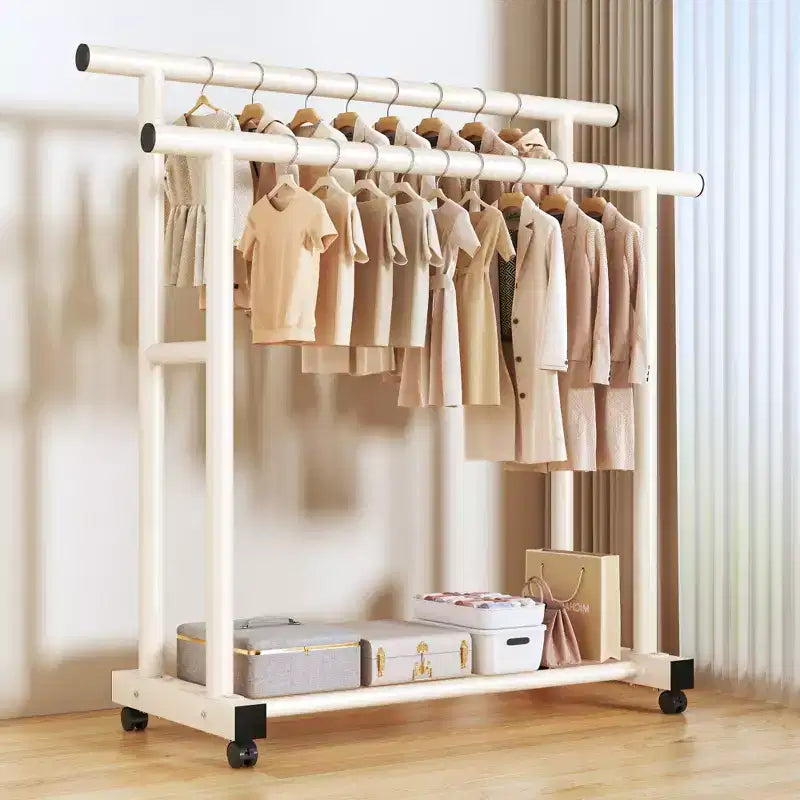 AEELLEEA Heavy Duty Rolling Double-Tier Clothes Rack - Double Hanging Rails & Bottom Storage Shelf for Home Organizing