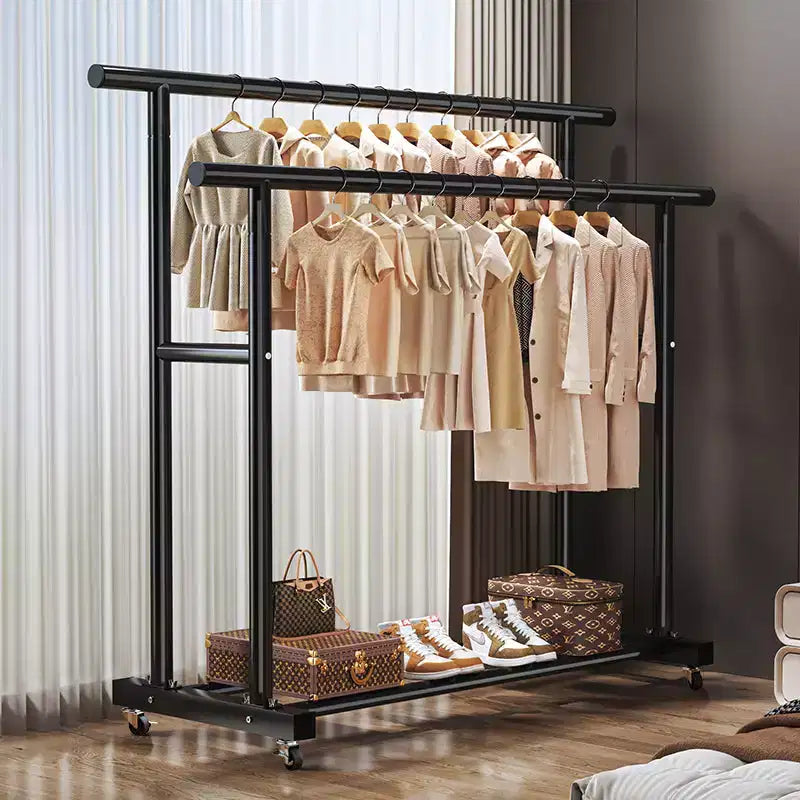 AEELLEEA Heavy Duty Rolling Double-Tier Clothes Rack - Double Hanging Rails & Bottom Storage Shelf for Home Organizing