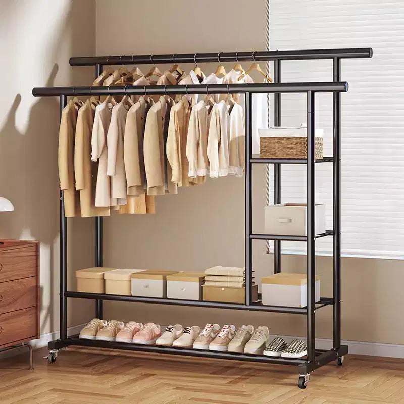 AEELLEEA Heavy Duty Rolling Double-Tier Clothes Rack - Double Hanging Rails & Bottom Storage Shelf for Home Organizing