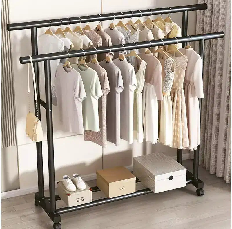 AEELLEEA Heavy Duty Rolling Double-Tier Clothes Rack - Double Hanging Rails & Bottom Storage Shelf for Home Organizing