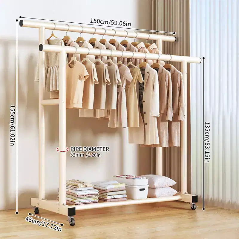 AEELLEEA Heavy Duty Rolling Double-Tier Clothes Rack - Double Hanging Rails & Bottom Storage Shelf for Home Organizing