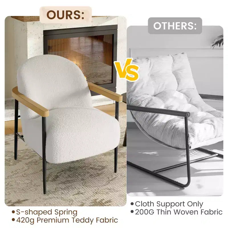 Modern Accent Chair with Teddy Fabric, Wood Arms and Adjustable Feet, Comfy Chair for Living Room, White