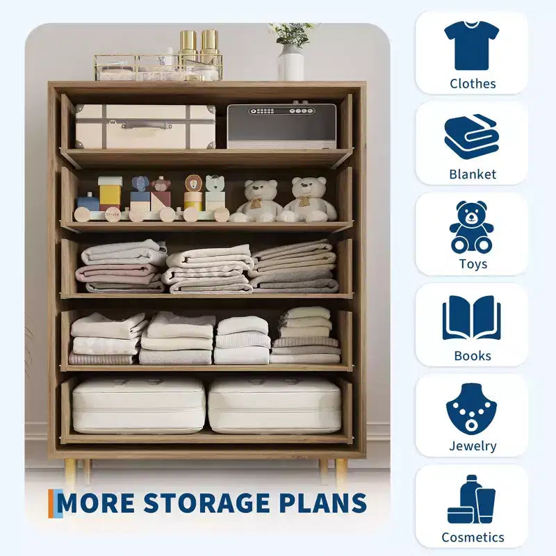 COZONY 44 Farmhouse Dresser with 5 Drawers, Natural Wood Rustic Chest & Bar Handles for Bedroom & Living Room