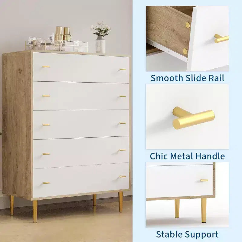 COZONY 44 Farmhouse Dresser with 5 Drawers, Natural Wood Rustic Chest & Bar Handles for Bedroom & Living Room